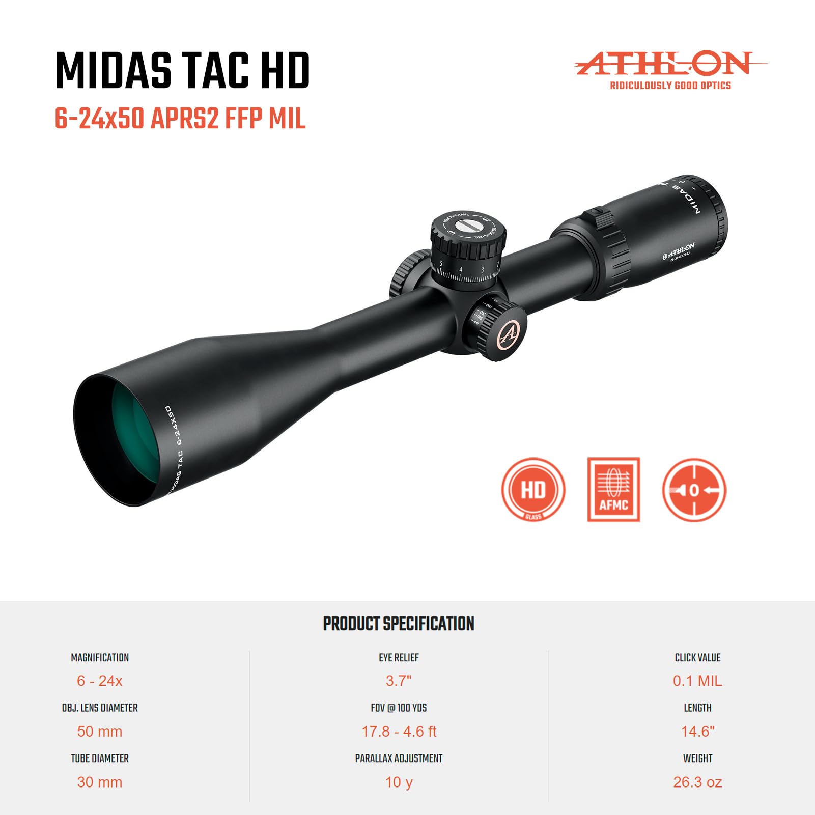 Amazon.com : Athlon Optics Midas TAC Riflescope 6-24x50 30mm APRS2